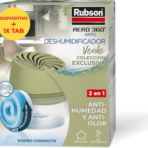 Rubson AERO 360° Portable Dehumidifier Anti-Humidity (1 Device and 1 Tablet 450g), Moisture Absorbing Prevents Condensation, Mildew and Odor, Olive Green