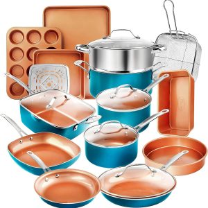 GOTHAM STEEL – 20 Piece Ceramic Copper Coating Nonstick Durable Cookware and Bakeware Set, Turquoise