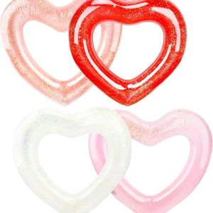 4 Pack Heart Shaped Inflatable Swimming Rings, Pool Floats for Adults, Beach Party Supplies, 47.2 x 39.4 Inches