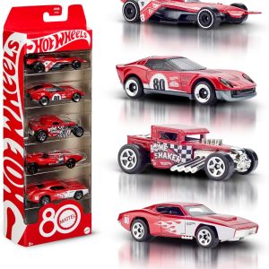 Hot Wheels Mattel 80th Anniversary Pack of 5 Cars Set of 5 1:64 Scale Toy Vehicles with Collector’s Packaging and Decoration, JGK08