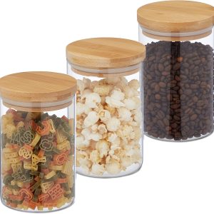 Relaxdays 800 ml Glass Jars, Set 3, Round Kitchen Containers, Bamboo Lid, Airtight Jars, Transparent/Natural, Silicone