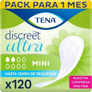 TENA Discreet Mini Ultra 6 x 20 – Our thinnest pads offer discreet and safe protection for minor urine leaks – 120 Individual Sachets – Monthly Pack. Ultra Thin.