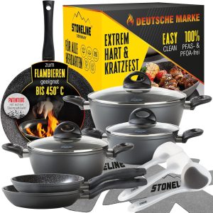 STONELINE Ceramic Cookware Set 14 Pieces 18/20/24 cm Induction Cookware Set with Lids Non-Stick Coating with Real Stone Particles, All Types of Cookers, Grey