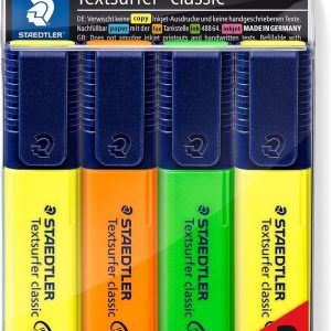 STAEDTLER Textsurfer Classic 364-S WP4P Promotional Case with 3 Assorted Fluorescent Markers + 1 Yellow Fluorescent Marker, Multi-Colour