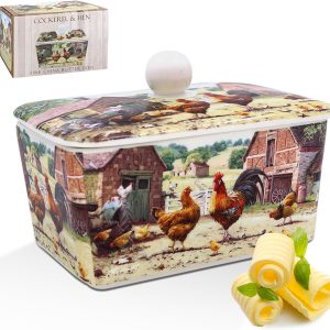 Fine Bone China Ceramic Butter Dish Rooster and Hens