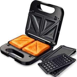 Grunkel – Sandwich maker with interchangeable plates (2 sandwiches with cutting, grill and 2 waffles). Non-slip and non-stick surface of 850W of power and cool touch. Stainless steel colour.