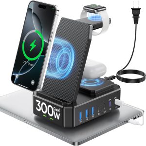 300W Charging Station for Multiple Apple Devices, 10 in 1 Wireless Charger for iPhone, GaN III USB C 65W PD Fast Charging Dock for MacBook, iWatch and Airpods (Wireless Charging Only