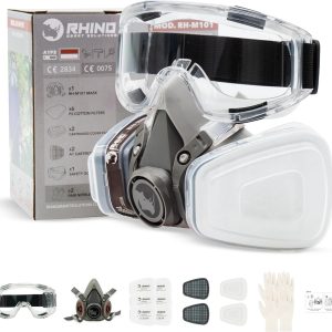 RHINO Smart Solutions Respirator Mask Paint, Dust and Organic Gases A1 | RH-M101 Reusable Anti-Dust Protection Mask with Protective Glasses, Gloves and Active Carbon Filter