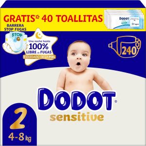 Dodot Sensitive Baby Diapers, Size 2 (4-8 kg), 240 Nappies + Gift of 40 Aqua Pure Wipes 99% Water, Up to 12 h Anti-Leak Protection and Skin Care, Monthly Pack