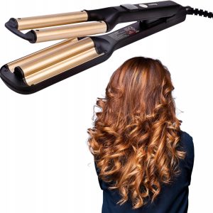 3 Barrel Hair Curler for Beach Waves, 100W, Ceramic Plates, 3 Levels 100–200 °C, Fast Heating, Hair Protection, Foldable, 360° Swivel Cable, Black/Champagne