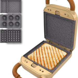 Cecotec Sandwich Maker Vintage Rock’Ntoast Retro One Yellow. 700W, 3 Interchangeable Plates, Retro Design, Rockstone Coating, Light Indicator, Non-Slip Base, Cool Touch Handle, Clip Closure