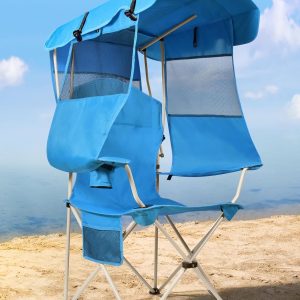 Beach Chair with Canopy, Folding Camping Chair with Canopy with Cup Holder, Side Pocket for Camping, Beach, Tailgates, Fishing, Supports 330lbs