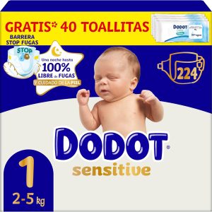 Dodot Sensitive Baby Diapers, Size 1 (2-5 kg), 224 Nappies + Gift of 40 Aqua Pure Wipes 99% Water, Up to 12 h Anti-Leak Protection and Skin Care, Monthly Pack