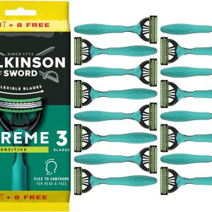 Wilkinson Sword Xtreme 3 Sensitive – Pack of 8 + 8 Disposable Razors with a Lubricant Band of Vitamin E and Aloe Vera – Optimas for Facial Care and Softness