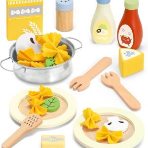 Pasta Play Food Set, Wooden Toy Food Sets with Metal Pot and Wooden Cutlery, Kitchen Accessories for Kids Age 3 4 5