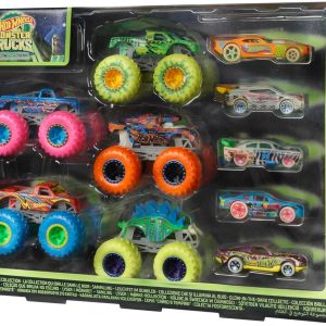 Hot Wheels Multipack Glow in The Dark™ Monster Trucks 10 Toy Vehicles: 5 Monster Trucks and 5 Cars 1:64 Scale Collectible Gift for Kids Ages 4-8, HCB57