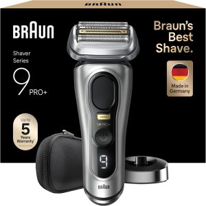Braun Series 9 Pro+ Men’s Electric Shaver, Beard Shaver with Charging Base and Travel Case, Dry and Wet, 60 Min Runtime, 9517s, Silver