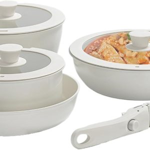 8 Piece Ceramic Pots and Pans Set, Kitchen Utensil Set, Removable Detachable Handle, Safe Cookware for Home, Apartment, Camping, Picnic