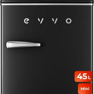 EVVO Frigorífico Mini F20 Retro Negro, 45 l, diseño vintage, bajo consumo, silencioso