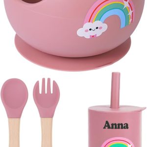 TYRY.HU Personalised Baby Cutlery, Silicone Baby Tableware, Set of Baby Plates with Suction Cup, Children’s Cutlery, Includes Fork, Spoon and Bowl, Cups Baby Led Weaning