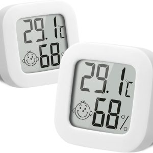 Flintronic Digital Hygrometer Thermometer, 2 Pieces Mini Indoor Hygrometer Thermometer, LED Display with Comfort Logo for Environmental Thermometer for Office Baby Room Garden (White)