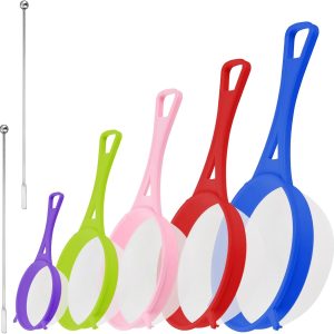 5 Pieces Kitchen Strainer, Fine Mesh Plastic Strainer with a Stir Bar, Cooking Mesh for Filtering Tea, Juice and Draining Pasta and Vegetables, 6/8/12/15/17 cm