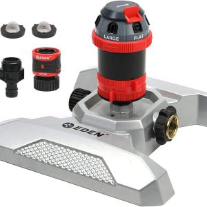 Eden, 96122 6 Pattern Adjustable Metal Moving Garden Sprinkler for Patio with Quick Connect Starter Kit, Watering Up to 24 Meters Diameter