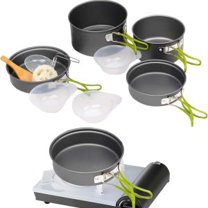 Utensilios de cocina de camping | Utensilios de cocina para freír mochileros, juego de ollas portátiles para picnic al aire libre con asa para viajes, mochileros, supervivencia, dormitorio, portón