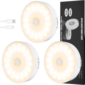 14 LED Motion Sensor Lights Indoor, 3 Pack Closet Night Lights 3 Modes USB Rechargeable Battery Stair Lights for Closet Closet Hallway