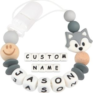 Chains Pacifiers Personalised for Baby with Name Fox Pacifier Holder Boy Girls (Grey)