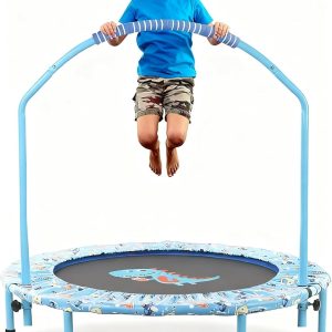 38” Kids Trampoline Mini Foldable Fitness Noise-Free Trampoline with Adjustable Handrail and Safety Padded Cover Exercise Foldable Bungee Rebounder Indoor Outdoor Garden Use