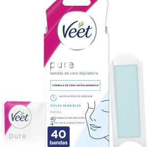 Veet Pure Hair Removal Cold Wax Strips for Facial Hair Removal Suitable for Upper Lip (Hogote), Hypoallergenic Wax Formula for Sensitive Skin, 40 Strips