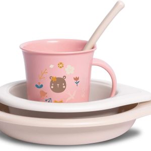 Suavinex, Baby Tableware, Learning Plate Set, +6 Months, Dishwasher and Microwave Safe Children’s Tableware, Includes: Cup + Dinner Plate + Bowl + Spoon – Forest Pink