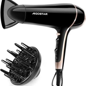 Aigostar Professional Hair Dryer 2400W Ionic Dryer with Diffuser and Nozzle Quick Drying 3 Temperatures 2 Speeds+Cold Air Button, Daily, Home, Long Hair Hairstyle, Black
