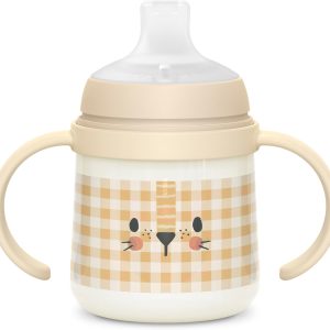 SUAVINEX, Baby Learning Cup, Bottle with Glow-in-the-Dark Handles, with Silicone Spill Spout and Anti-Colic Valve, for Babies +6 Months, Ideal for Use at Night, Beige