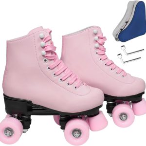 Wiwiy Patines de ruedas para mujeres y hombres, patines de doble fila de cuero de color rosa, para principiantes, para interiores y exteriores