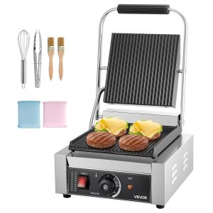 VEVOR Panini Press Grill Enamel Plate 22 x 23 cm Stainless Steel Electric Sandwich Press with Handle Temperature Control with Full Slots for Steaks, Bacon