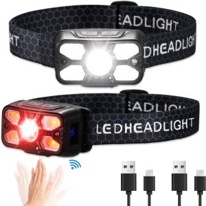 Rechargeable Headlamp, 2 Pack Super Bright 5 LED Head Lamp with Red Light, 14 Modes Waterproof Motion Sensor Headlamp for Forehead, Adjustable Head Torch