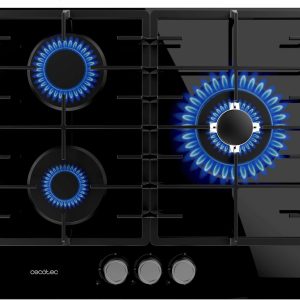 Cecotec Butane Gas Hob and prepared for Natural Gas 3 Fires Bolero Squad G 3200F Glass Black. 6250W, Glass Black, Complete Grills Cast Iron, WOK Triple Crown, Electric Ignition
