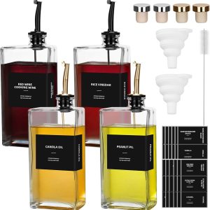 4 x 500ml Oil Bottle Set Olive Oil with Pourer, Vinegar Dispenser, Glass Bottles, Waterproof Labels