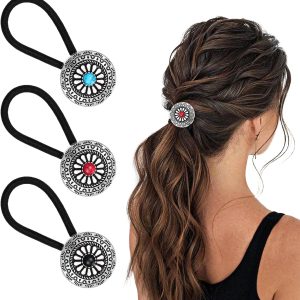 3 Pieces Hair Ties for Women Western Style Hair Accessories Hair Bracelets Hair Clips Boho Vintage Turquoise Concho Pumpkin Flowers Bands