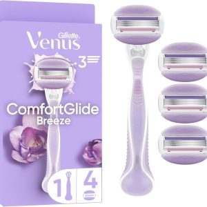 Gillette Venus ComfortGlide Breeze Women’s Razor with Refills, 1 Metal Handle, 4 Shaving Blades with Gel Bars and Shower Holder, Smooth and Durable Hair Removal