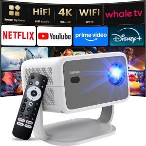 4K Projector [HiFi Audio/Auto Focus/360° Rotating Base] Projector with WiFi and Bluetooth 1080P Native Portable Projector, One-Click Use Youtube/PrimeVideo/D+ Smart Home Outdoor, Grey