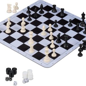 Relaxdays Chess Set, Checkers and Backgammon 3 in 1, Travel Mini Game, Roll-up, with Bag, 50.5 x 50.5 cm, Black and White, Plastic, Polyester, Rubber