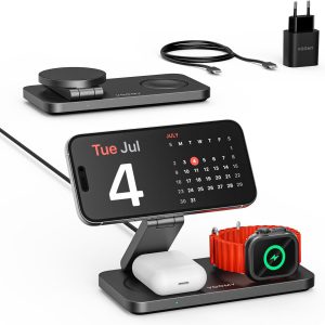 Voomy MagSafe 3-in-1 Wireless Charging Station – Charging Station for iPhone, Apple Watch and AirPods – 15W, Foldable Design, with USB-C and Adapter – Compatible with MagSafe and Qi