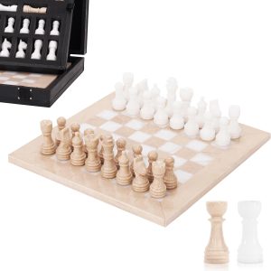 Marble Chess Set for Adults, 10 Inch Handmade Verona and White Board Game with 32 Chess Pieces, 2 Extra Queens and Storage Box, Deluxe Travel Set