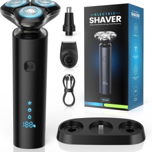 Men’s Electric Shaver, 3D Men’s Shaver with Rechargeable Base – Beard Trimmer – Man LED Display – Shaver, USB-C Charging, Dry/Wet