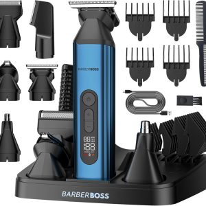 BarberBoss Recortadora de barba 5 en 1 para hombres, cortadora de pelo, peluquería corporal, recortadora de nariz y orejas, kit de aseo para hombres, cortadora recargable inalámbrica, QR-6020