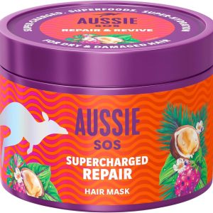 Aussie SOS Supercharged Repair Mascarilla Capilar 500ml Para Pelo Seco Y Dañado. Ayuda A Reparar Y Proteger El Cabello Dañado, Dejándolo Suave, Liso E Hidratado Durante 100 Horas. Fórmula Vegana