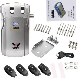 WAFU Wireless Remote Control Lock Tiger Lock Method with 4 Remote Keys, USB Powered, for Access Control to Smart Home Villa Office (Silver)